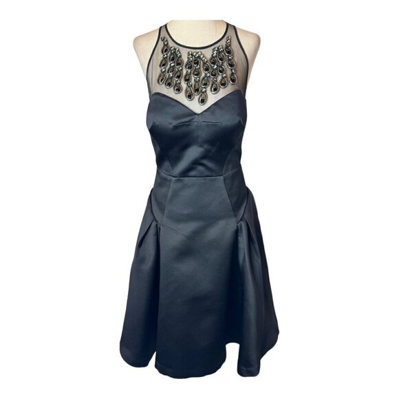 Milly New York Black Embellished Neckline Fit And Flare‎ Aviana Sateen Dress 4 - Picture 6 of 16